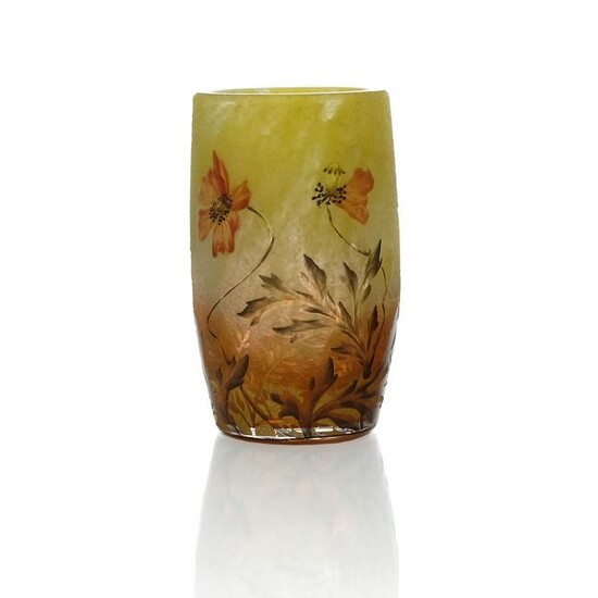 Daum, a pate de verre enamelled glass vase, barrel
