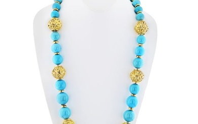 David Webb Turquoise Platinum & 18K Yellow Gold Large Bead Strand Necklace