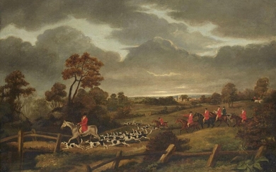 Dean Wolstenholme, Snr, British 1757-1837- Hunting Scenes: Setting Out; Flushing Out; On the Scent; and The Kill; oils on canvas, each 47.4 x 65.5 cm., a set of four (4). Note: The present paintings, presumably taken in or around Essex or...