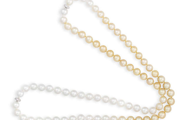 Description TWO CULTURED PEARL AND DIAMOND NECKLACES Each composed...