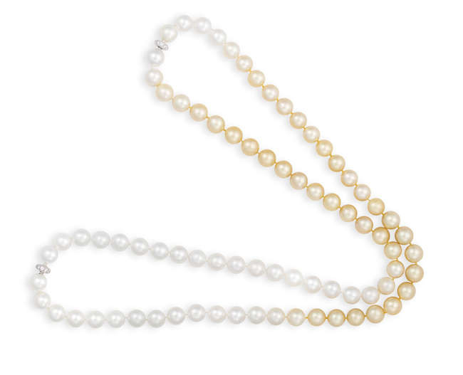 Description TWO CULTURED PEARL AND DIAMOND NECKLACES Each composed...