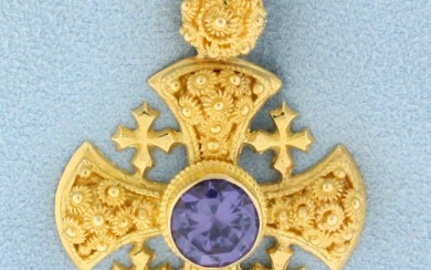 Designer Purple Sapphire Cross Pendant in 18K Yellow Gold