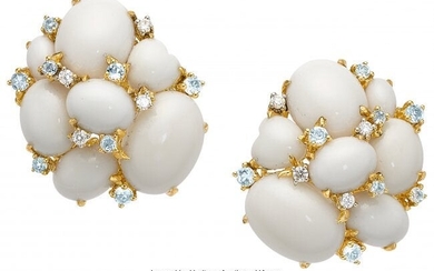 Diamond, Blue Topaz, Coral, Gold Earrings Ston