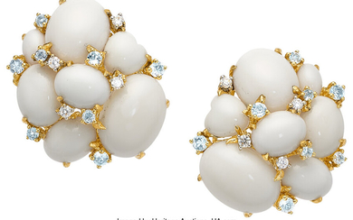 Diamond, Blue Topaz, Coral, Gold Earrings Stones: White coral...