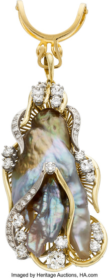 Diamond, Freshwater Cultured Pearl, Gold Enhancer-Pendant Stones: Full and...