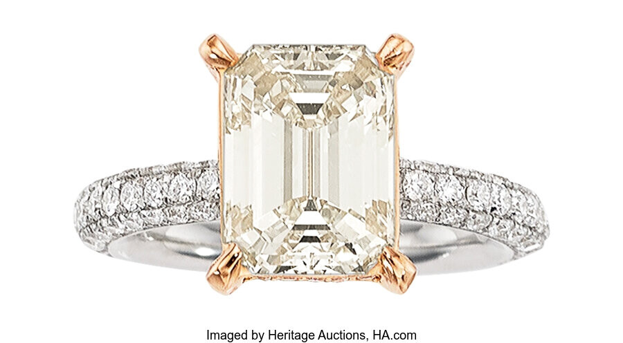 Diamond, Platinum, Gold Ring Stones: Emerald-cut diamond weighing 2.40...