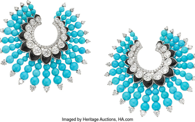Diamond, Turquoise, Black Onyx, White Gold Earrings Stones: Full-cut...