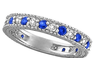 Diamond and Blue Sapphire Anniversary Ring Band in 14k White Gold 1.08 ctw