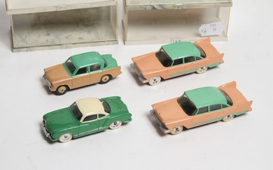 Dinky Toys (GB) quatre voitures miniatures dont Hillman minx REF 175 deux plymouth plaza et...