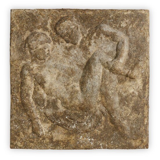 Donated to the Royal Society of Sculptors: Neale Andrew MRSS, British b.1958 - Man Holding Woman Relief; composite stone, H30.2 x W30 x D2.5 cm (ARR)