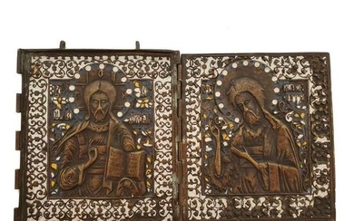 Double Panel Antique Russian Bronze Icon"Christ And