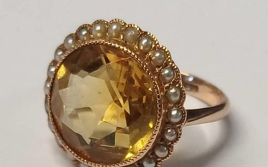 EARLY 20TH CENTURY GOLD CITRINE & SEED PEARL SET RING