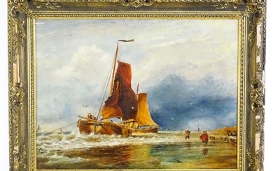 Early 20th century, Oil on board, Bringing in the Catch, A beach scene with fishing boats and