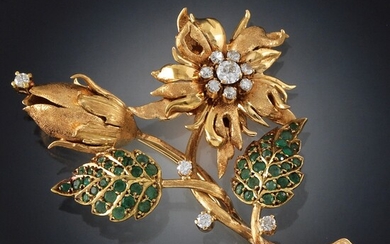 Elegant Gold, Diamond, and Emerald Brooch