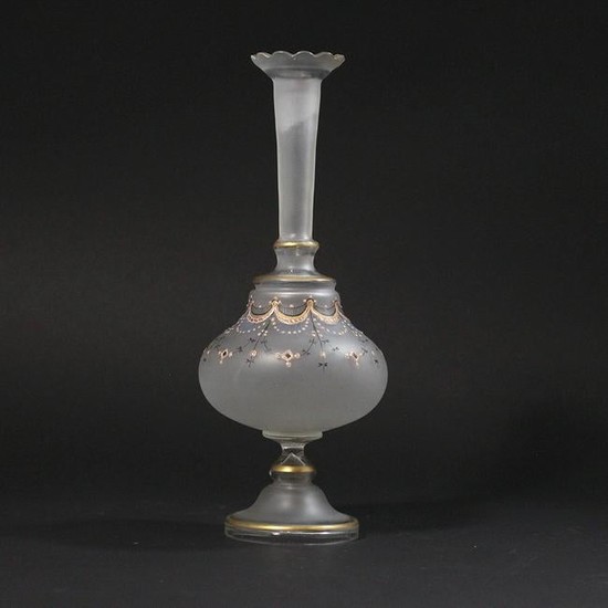 Elegant Satin Glass Vase with Enamel Decoration