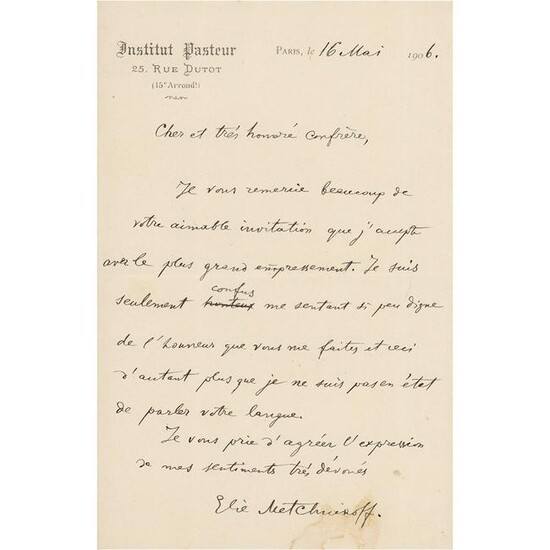 Elie Metchnikoff Autograph Letter Signed