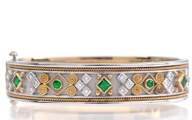 Estate Diamond Emerald 18K Gold Statement Cuff Bracelet