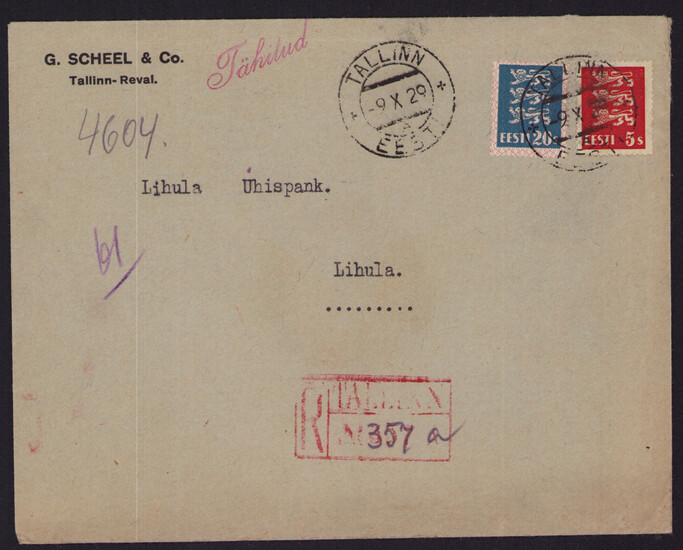 Estonia Tallinn - Lihula registered letter envelope 1929