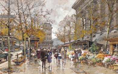 Eugène Galien-Laloue: A flower market by the steps of L'église de la Madeleine in Paris. Signed E. Galien-Laloue. Gouache on paper. Visible size 26×44 cm.