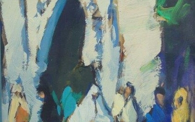 European School, late-20th century- Market scene from Morocco, 1995; oil on paper, signed and dated lower right, 34.5 x 25.5 cm