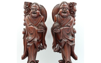 Exquisite Pair: 19th Century Chinese Wood Carved Figurines. ...