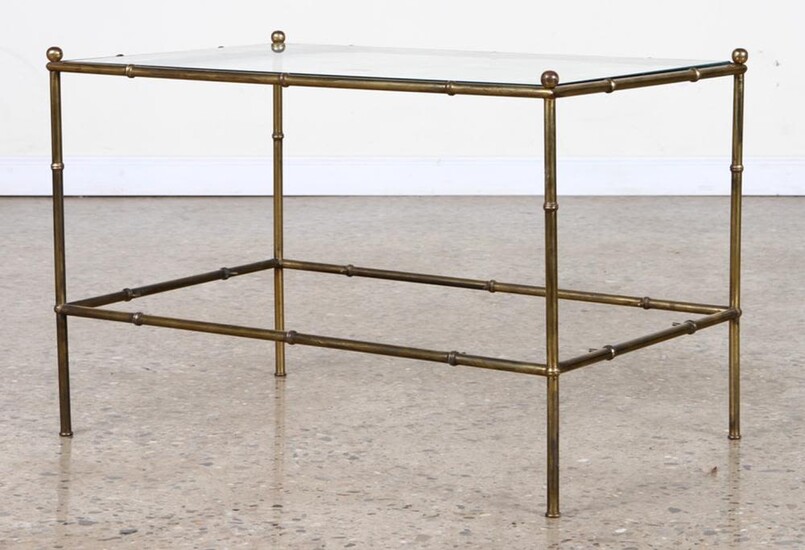 FAUX BAMBOO BRONZE & GLASS COFFEE TABLE C. 1960