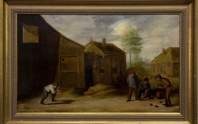 FIGURES PLAYING BOWLS, AN OIL AFTER TENIERS