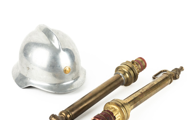 FIRE HELMET and NOZZLES for fire hoses 2 pcs, 20th century.