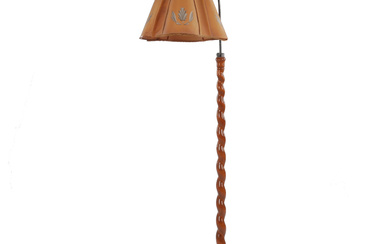 FLOOR LAMP, height/lower, wood with parchment shade, 1920/30s.