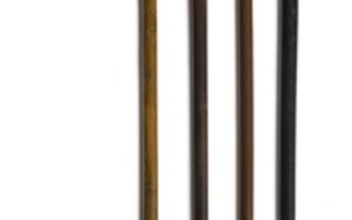 FOUR CANES One with a wooden crook handle and three with metal handles, one with a Chinese dragon design and one in the form of a ch...