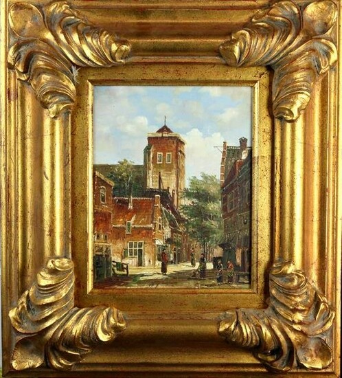FRAMED OIL ON CANVAS PAINTING OF A SMALL TOWN