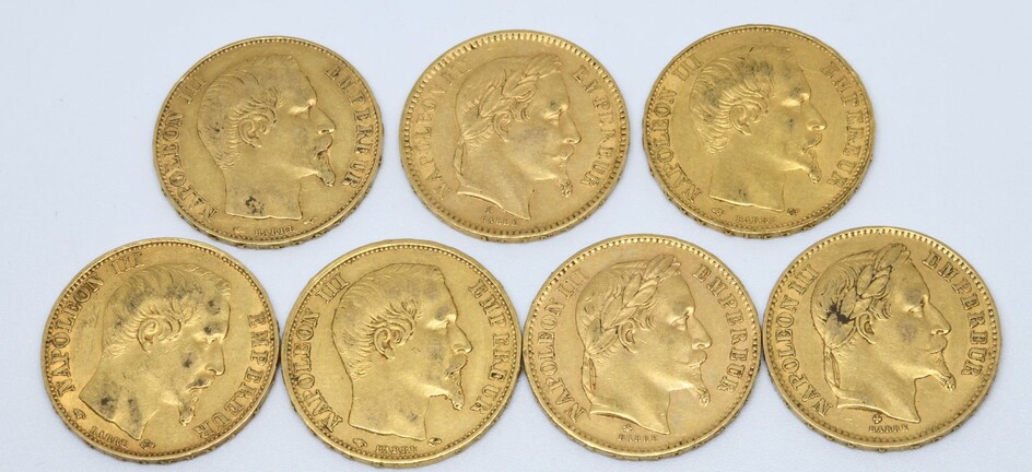 FRANCE. Sept pièces de 20 Francs or. 1855,...
