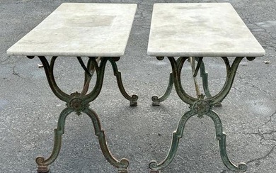 Fabulous pair French marble top garden table with great iron painted bases, from fine Hudson Valley