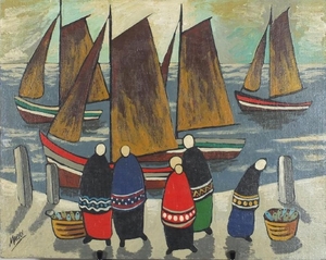 Figures before water with boats, Irish school oil on canvas ...