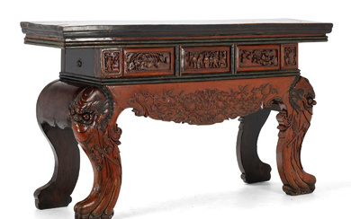 Fine Chinese temple altar table of richly carved and lacquered wood, Fujian Province, 1830-1850