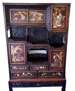 Fine Japanese Meiji period Shibayama inlaid hardwood cabinet...