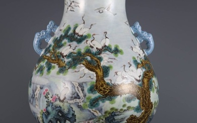 Fine pastel-painted porcelain vase with pine and crane and longevity and ruyi ears
