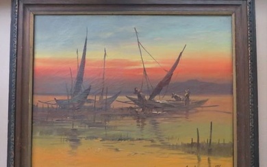 Fisher Boats, Signed 1971 Oil Painting on Canvas in Wood Frame