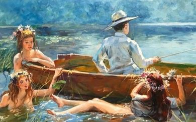 Fisherman With Water Nymphs Oil Painting