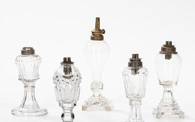 Five Colorless Glass Blown Molded Oil Lamps