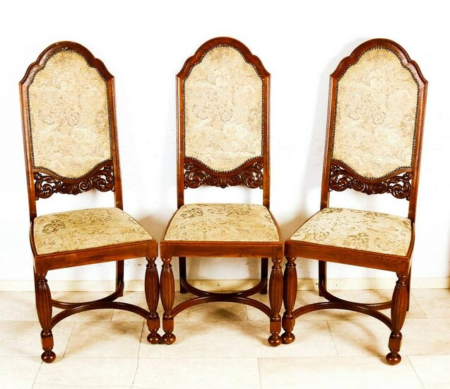 Five antique German oak dining room chairs with cross
