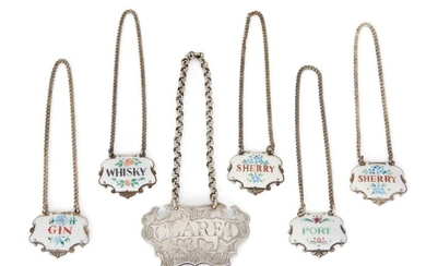 Five silver and enamel decanter labels, Birmingham, 1957 & 1958, Turner & Simpson, two reading 'sherry', the others 'gin'; 'whisky' and 'port', approx. 2.9cm wide (5)