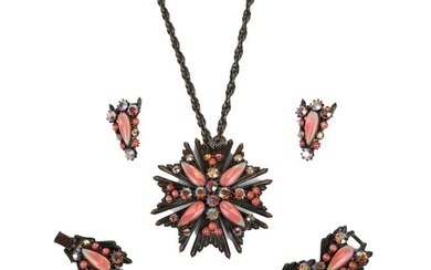 Florenza Black Silver Tone Peach Rhinestone Jewelry Set (Necklace, Bracelet, Earring)