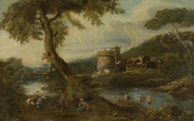 Follower of Jan Frans van Bloemen, called l'Orizzonte, Flemish 1662-1749- A wooded river landscape with figures in the foreground, ruins beyond; oil on canvas, 48 x 61.5 cm. Provenance: Private Collection, UK. Note: Painted in the late 18th century.