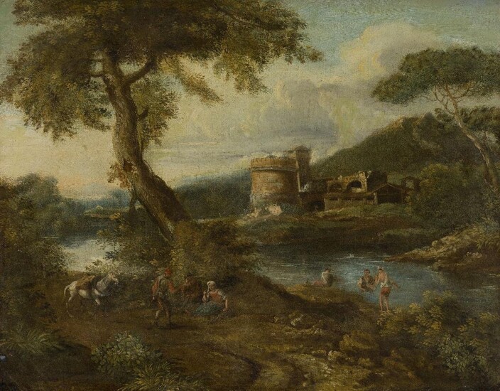 Follower of Jan Frans van Bloemen, called l'Orizzonte, Flemish 1662-1749- A wooded river landscape with figures in the foreground, ruins beyond; oil on canvas, 48 x 61.5 cm. Provenance: Private Collection, UK. Note: Painted in the late 18th century.