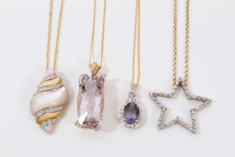 Four 9ct gold pendants on chains