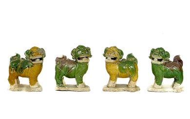 Four Chinese biscuit water-dropper models of Bhuddist lions, Yongzheng Period.