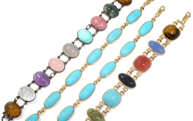 Four Gold, Silver, Hardstone and Turquoise Scarab Bracelets