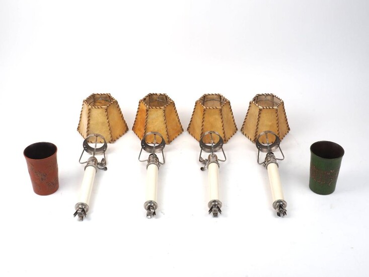 Four 'Green's Artic' lamps, 20th century, each with hexagonal shade, 27cm high; together with two Japanese lacquer pottery beer cups, 11cm high (6)