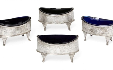 Four late Georgian salts with blue glass liners, London, c.1799,...